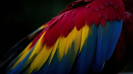 Fototapeta premium Parrot Feather with Red, Blue, and Yellow Hues