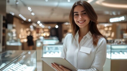 sale, shopping and business concept - happy female shop assistant with tablet pc computer name tag over jewelry store background