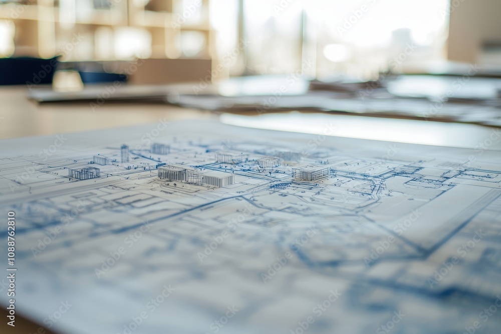 Poster detailed architectural blueprint on table with office background, showcasing urban planning and desi