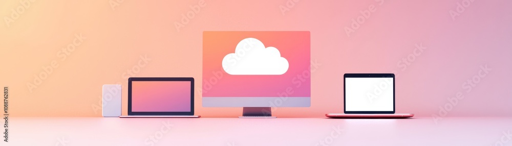 Poster a digital illustration featuring a cloud computing motif, showcasing devices like a desktop and lapt