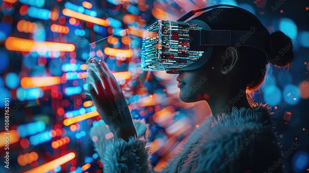Poster a women wearing vr glasses, touching virtual screens with its hands. in the background is an abstrac