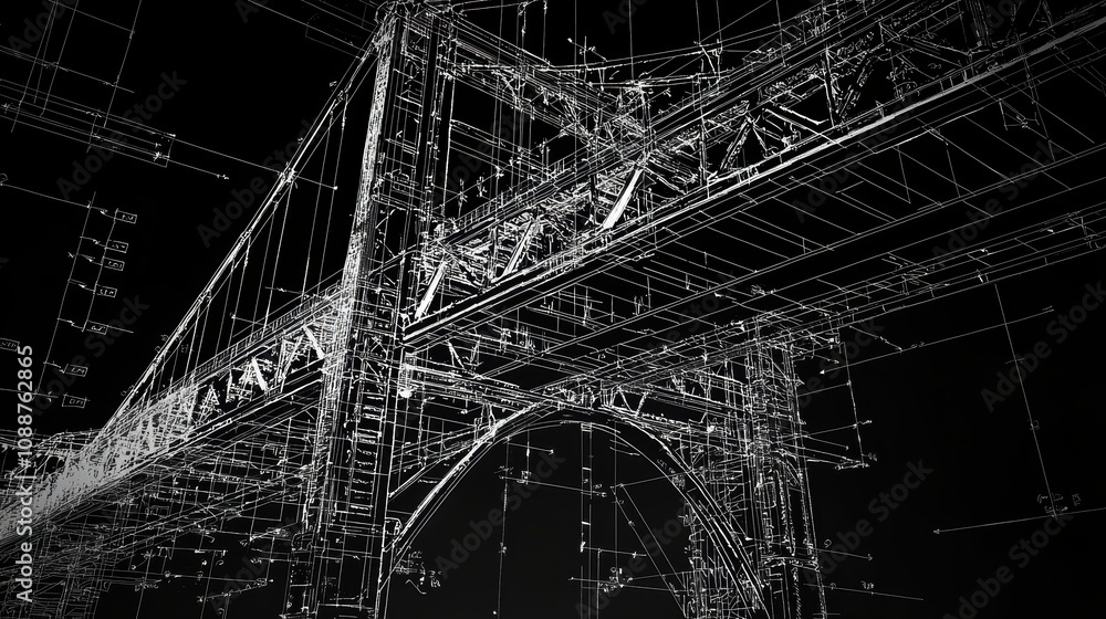 Poster detailed architectural blueprint of a bridge structure featuring wireframe design and engineering no