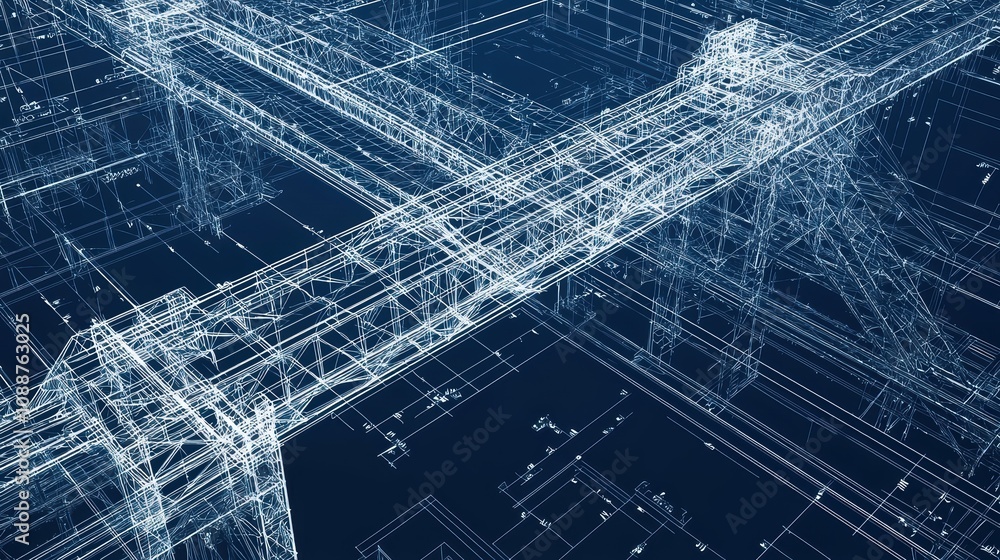 Poster detailed blueprint of industrial construction framework with 3d rendering of structural elements for