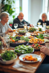 Obraz premium A group of people are sitting around a table with a variety of food, including a salad. Scene is warm and inviting, as the people are enjoying a meal together