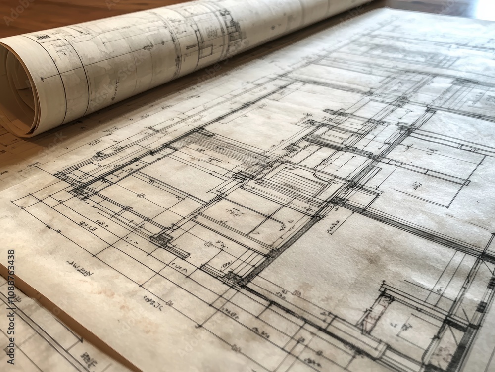 Poster detailed architectural blueprint on paper with rolled plans displaying precise measurements and stru
