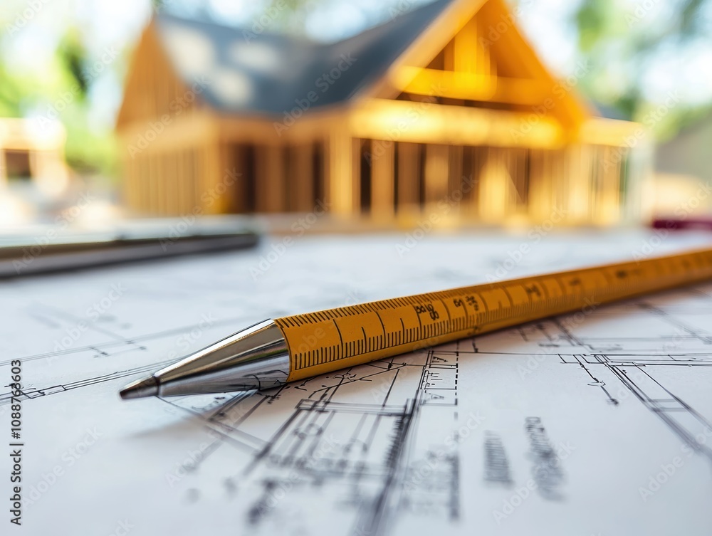 Poster close-up of architectural blueprint with ruler and wooden house model in soft focus, ideal for const