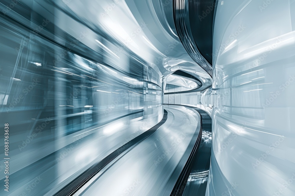 Poster futuristic abstract tunnel with smooth curves and reflections in a high-tech environment, evoking sp