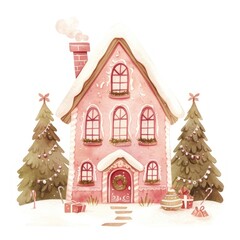 Fototapeta premium Pink gingerbread house illustration christmas confectionery.