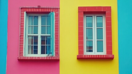 Fototapeta premium Colorful wall with two windows in contrasting hues.