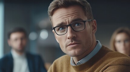 Obraz premium Skilled 30s caucasian leader in eyeglasses coaching interested business people, giving educational workshop presentation in office. Concentrated employees listening to professional coach at workshop.