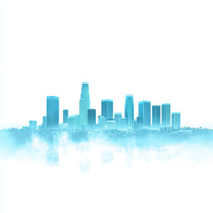 Obraz premium A cityscape with tall buildings emerging from a cloud of mist, with a white background.