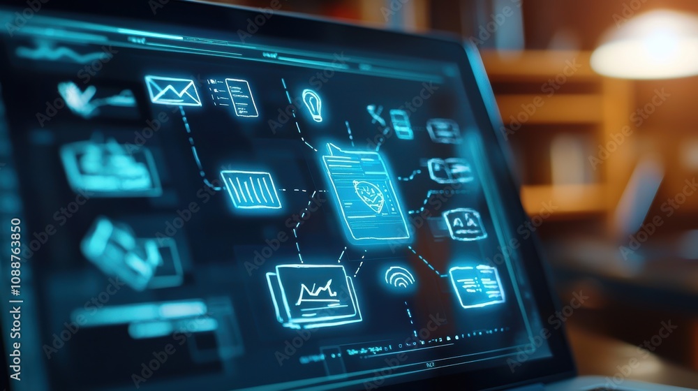 Poster futuristic technology interface on laptop screen displaying data analytics, graphs, and visualizatio