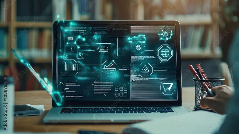 Poster futuristic laptop displaying data visualization and analytics in a modern workspace with abstract gr