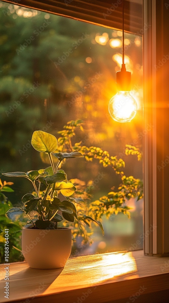 Poster warm glow of sunset illuminates a cozy windowsill adorned with a potted plant, creating a serene atm