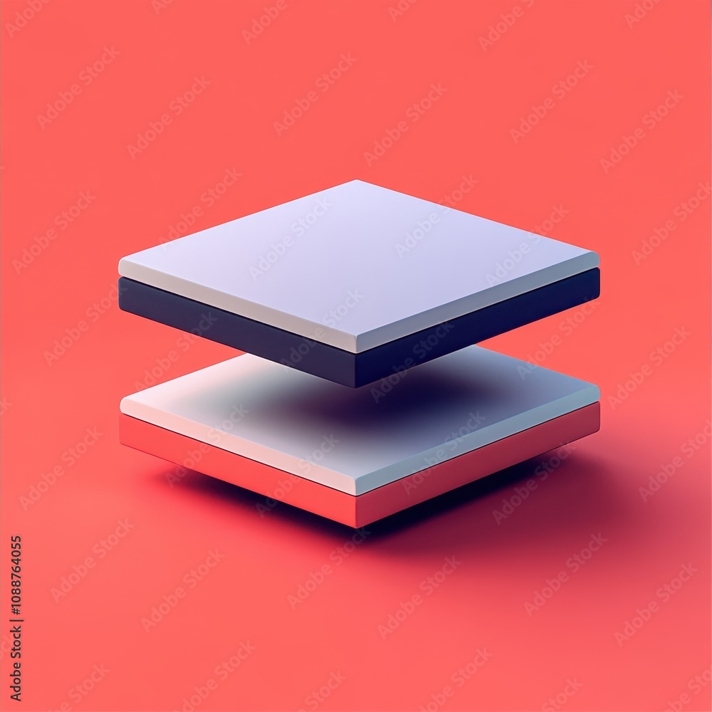 Poster minimalist geometric composition with floating cubes on vibrant red background