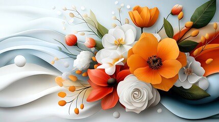 Exquisite and Vibrant Floral Bouquet Arrangement Featuring Lush Blooming Orange and White Flowers Against a Serene White Background  Elegant Feminine