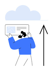 Person holding an image while an upward arrow indicates uploading to a cloud. Ideal for data transfer, cloud storage, digital archiving, online sharing, tech services, internet communication