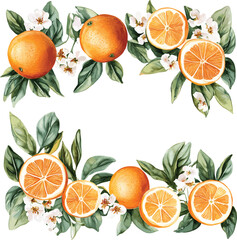 vector watercolor oranges with flowers border set on white, perfect for invitation card design, orange botanical Wedding Invitation, floral invite thank you,  modern card Design in oranges and flowers