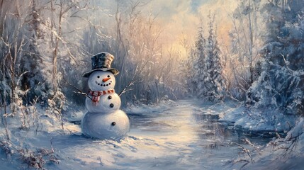 Fototapeta premium Snowman In Snowy Winter Wonderland