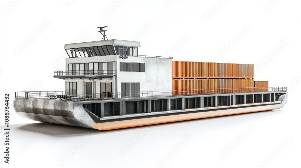 Poster a large cargo barge with stacked containers, designed for transporting goods on waterways.