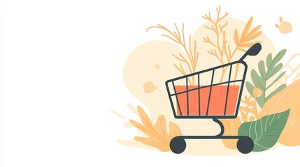 A minimalistic shopping cart illustration surrounded by abstract foliage and warm color.