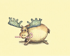 Humorous illustration of a greedy obese moose eating a Christmas candy cane