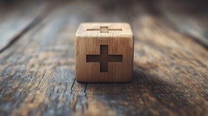 The wooden block features plus and minus symbols, illustrating the concept of opposites, decision-making, and uncertainty. It emphasizes the positive and negative sides of business decisions, analyzin