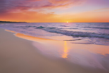 Create a realistic beach scene with a vibrant sunset, glowing orange and purple sky, reflecting on the calm ocean and soft sandy shore.