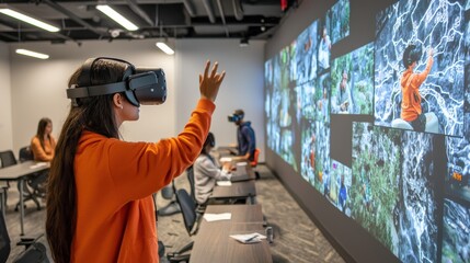 Naklejka premium Engaging Learning Experience with Virtual Reality Technology in Classroom Setting, Students Explore Immersive Environments and Interactive Activities for Education