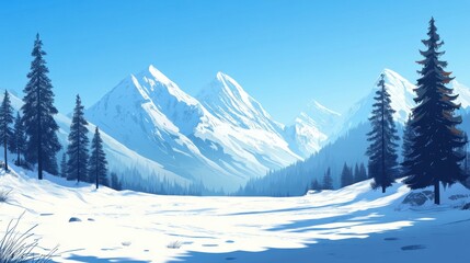Fototapeta premium Snow-covered mountains under a clear blue sky, tall pine trees in the foreground, serene winter landscape, crisp and refreshing air, peaceful and majestic