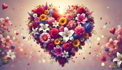 Heart Shaped Bouquet of Colorful Roses and Lilies