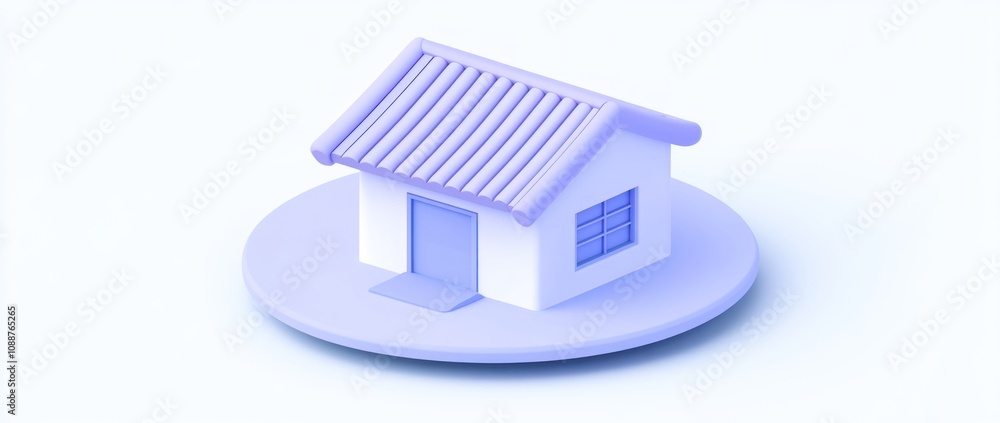 Poster a stylized 3d model of a house on a circular base, showcasing architectural design.