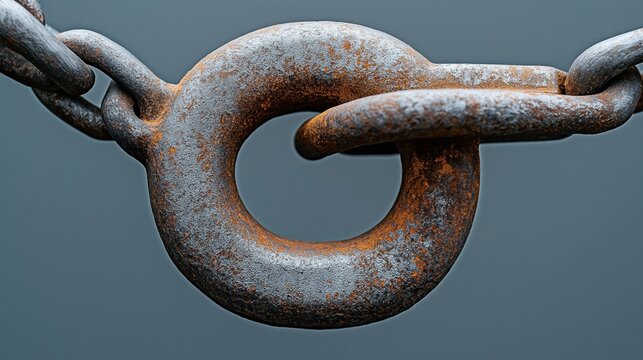 Close-up of a rusty metal chain link with a circular shape, displaying detailed textures and rust patterns against a smooth gray background.