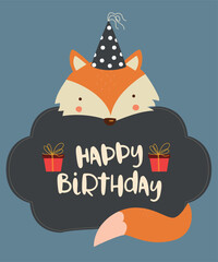 Flat Design Illustration with Fox at Banner Happy Birthday