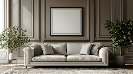 Elegant Beige Sofa in Classic Room with Mock-up Frame and Plants, Luxurious Interior Design, 3D Rendering