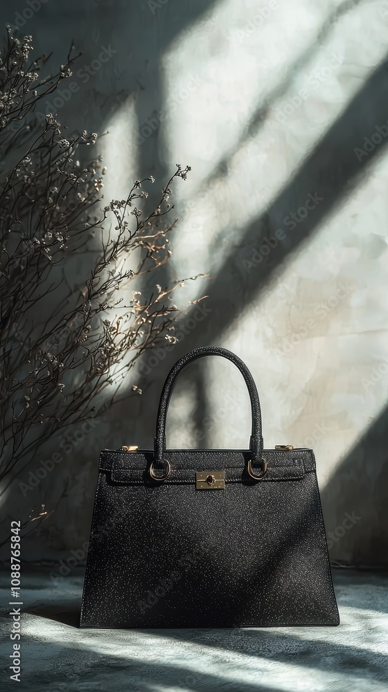 Poster elegant black handbag with structured shape and subtle texture in dramatic lighting against a minima