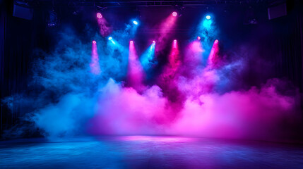 Naklejka premium Stage illuminated with pink and blue spotlights, smoky atmosphere, creating dramatic background for events