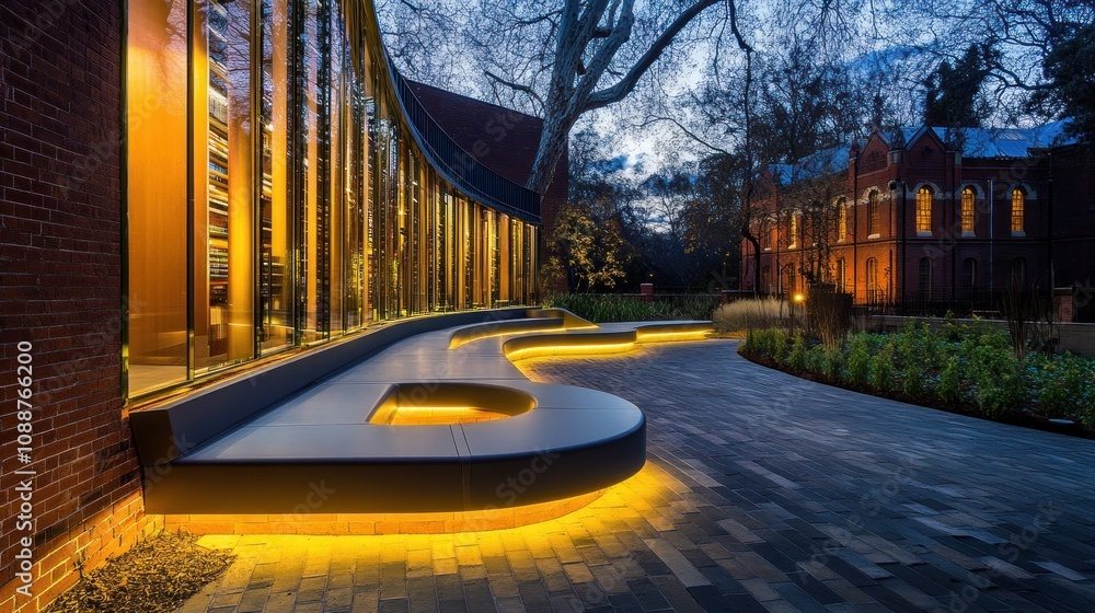 Poster A modern architectural space with illuminated pathways and a serene garden setting at dusk.