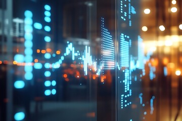 Naklejka premium Digital Data Display: Abstract Graphs, Lines, and City Lights Reflection.