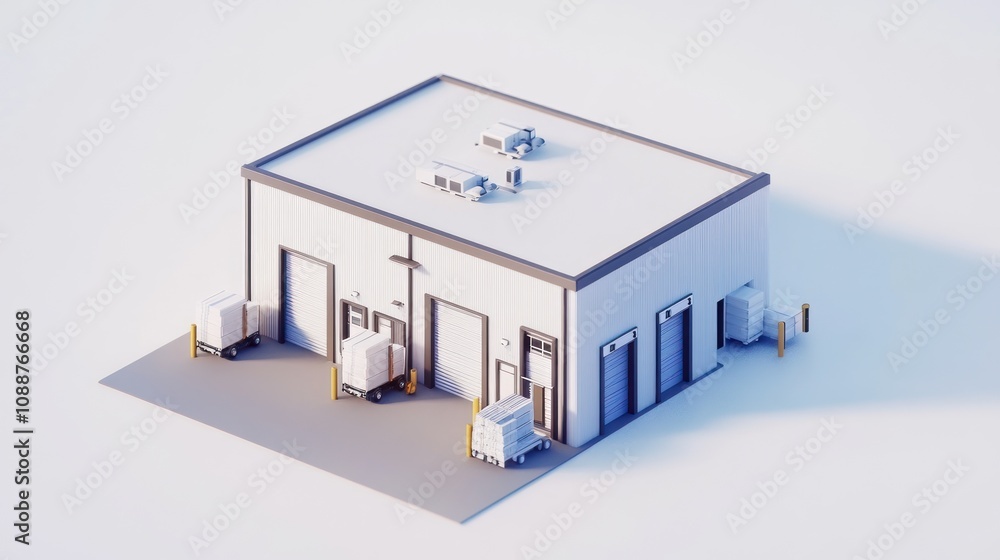 Poster A small industrial building with loading docks and storage areas.