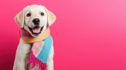 A sweet Labrador puppy wearing a striped scarf looks up excitedly, tail wagging, ready for a stroll, set against a vibrant pink backdrop with room for text.