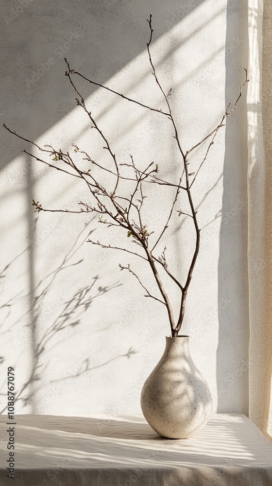 Poster sunlight casts intricate shadows of bare branches in a white ceramic vase, creating a serene and min