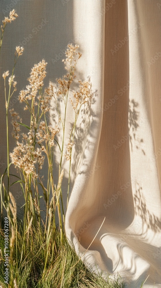 Poster delicate wildflowers cast intricate shadows on soft beige curtains, creating a serene interplay of n