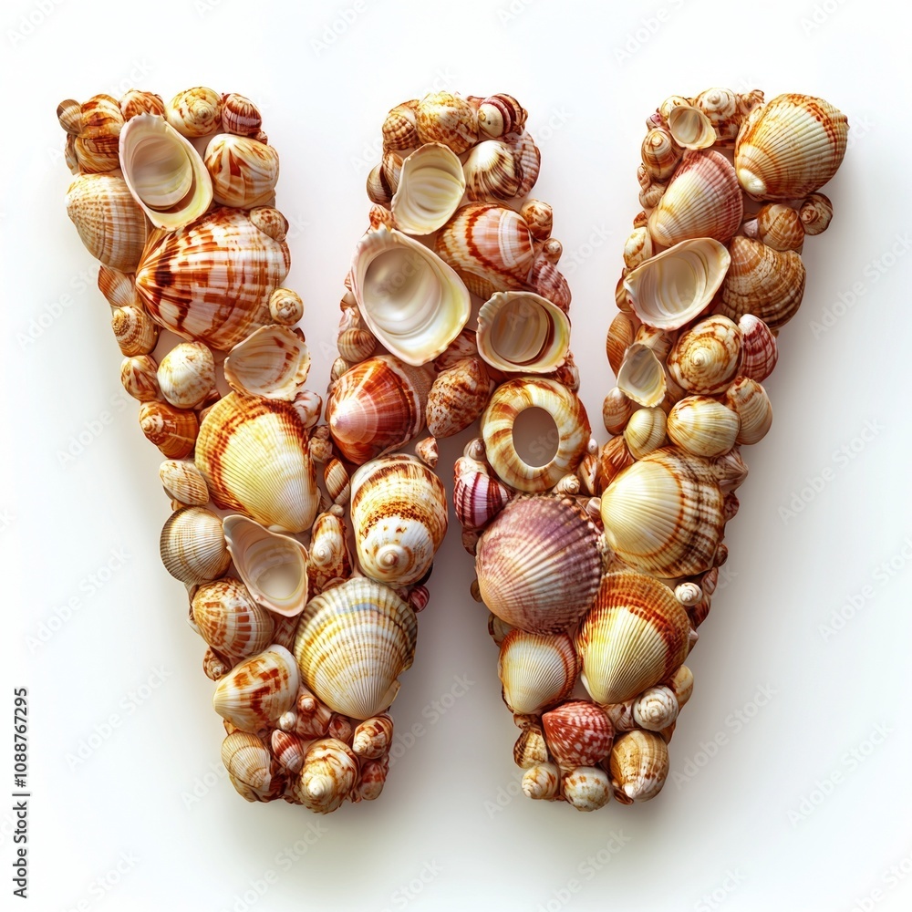 Poster uniquely designed letter w artfully arranged using various seashells different shapes and colors set