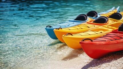 Row of colorful kayaks on a beach, clear blue water, summer and adventure, vibrant and inviting, ready for a fun day outdoors.