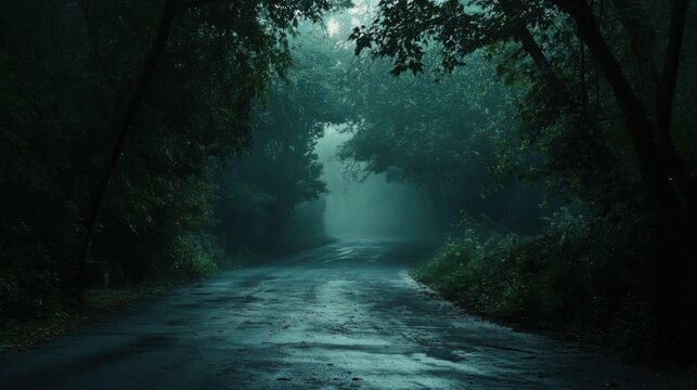 Dark, empty road surrounded by dense trees, faint light breaking through the fog, eerie and mysterious, sense of solitude, cinematic and suspenseful ambiance.