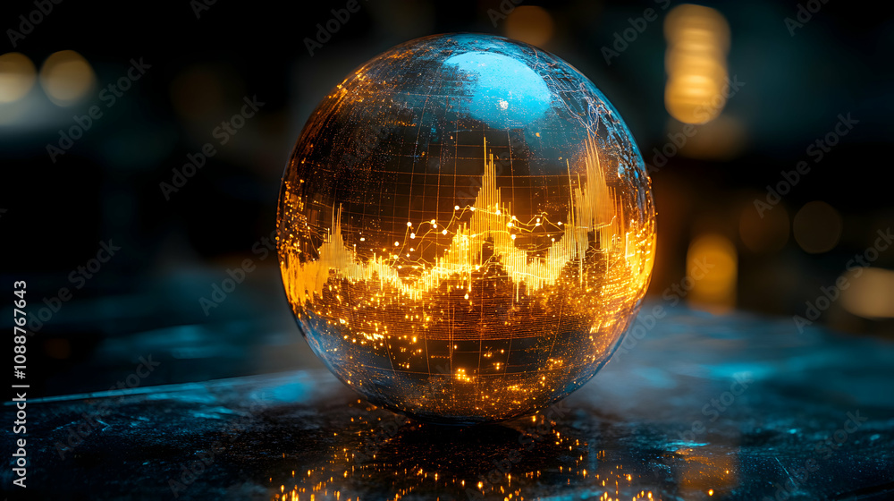 Poster illuminated globe displays global financial data with glowing charts and lines, a 3d abstract backgr
