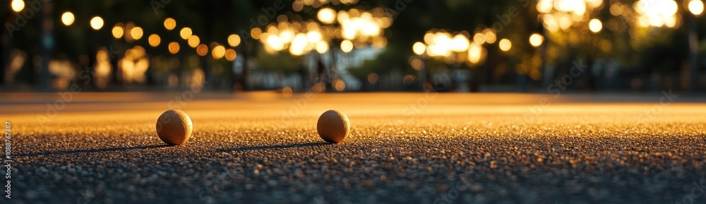 Poster two orange balls resting on a pavement during sunset, creating a serene atmosphere.
