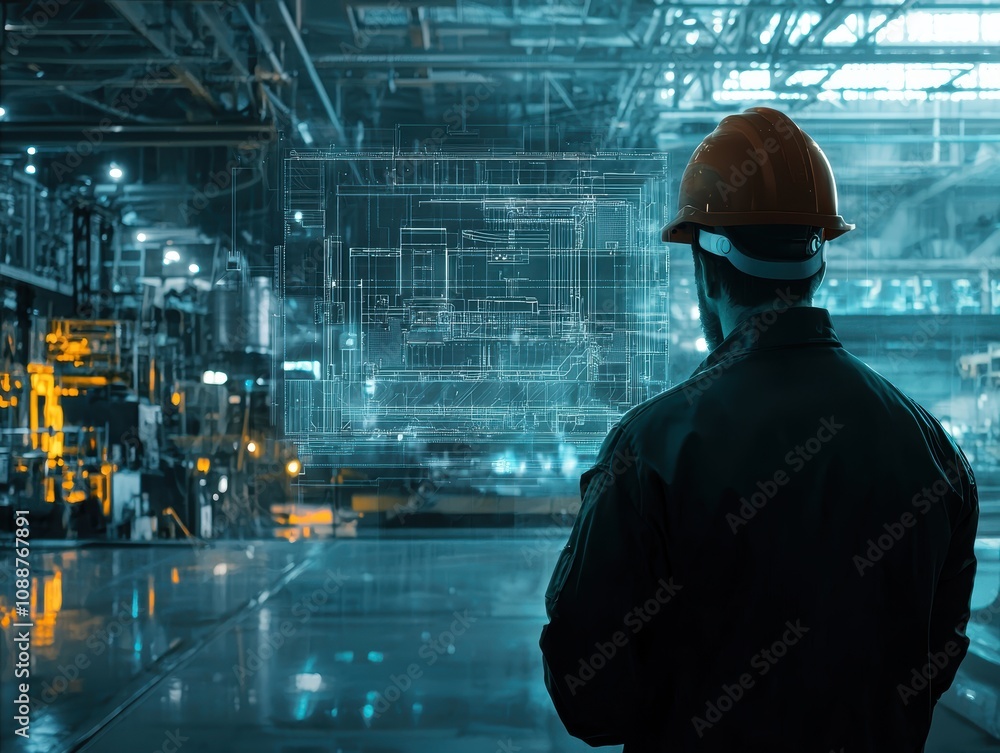 Poster industrial worker analyzing blueprint visualization in modern factory setting with advanced technolo