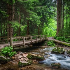 Fototapeta premium Wooden bridge over a flowing stream in a lush green forest.